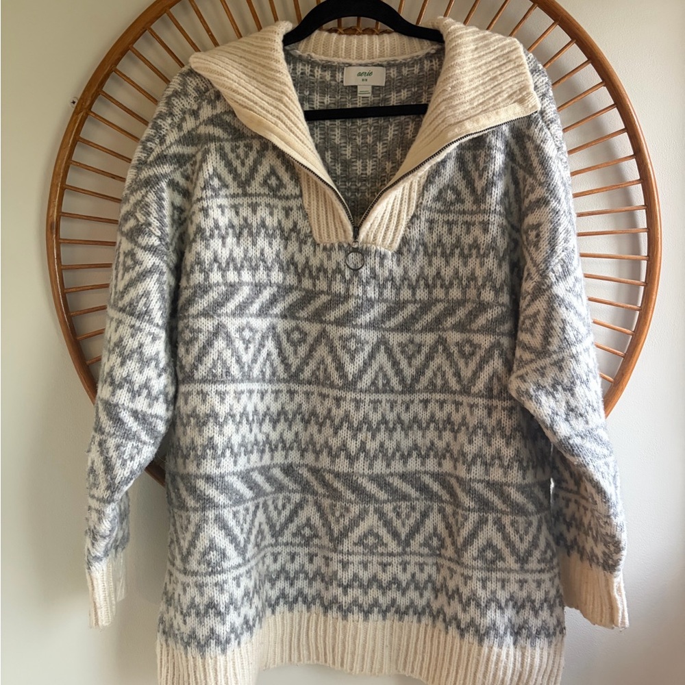 Aerie Fair Isle Wool Blend Oversized Quarter-Zip Pullover Sweate